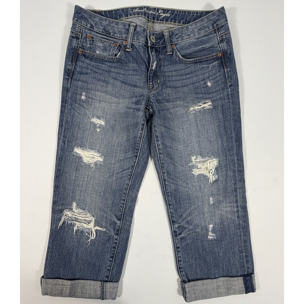 American Eagle Boy Fit Jeans Womens 6 Blue Excellent Distressed Capri Denim